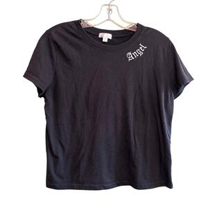 Belle Tweed Womens Angel Embroidered Gothic Grunge Short Sleeve Tee Black Medium